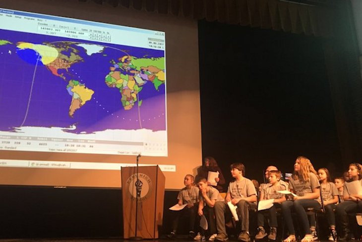 Students in School Activites (Athletics, Classrooms, Plays, Band, Art Projects) (Blair Pointe Students talking to Astonot in Space via Ham Radio.jpg)